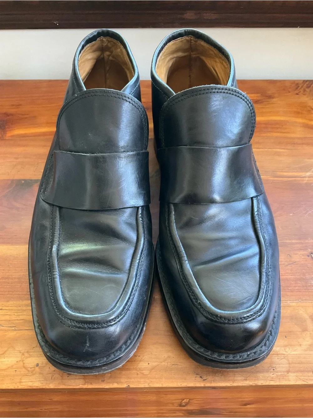 Men's Black Leather Moc Toe Ankle Boots, Sz 45